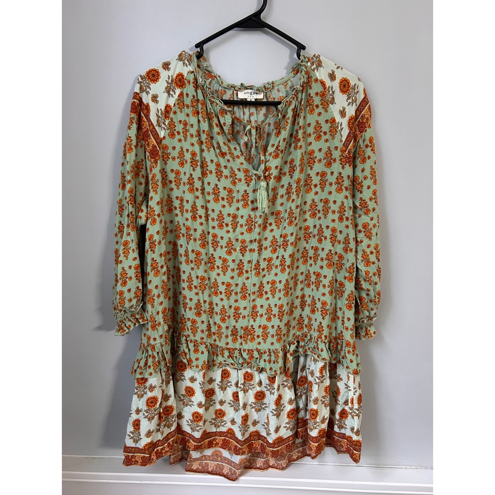 Umgee USA Sage Green Floral Boho Tunic Dress Tassel Tie Medium